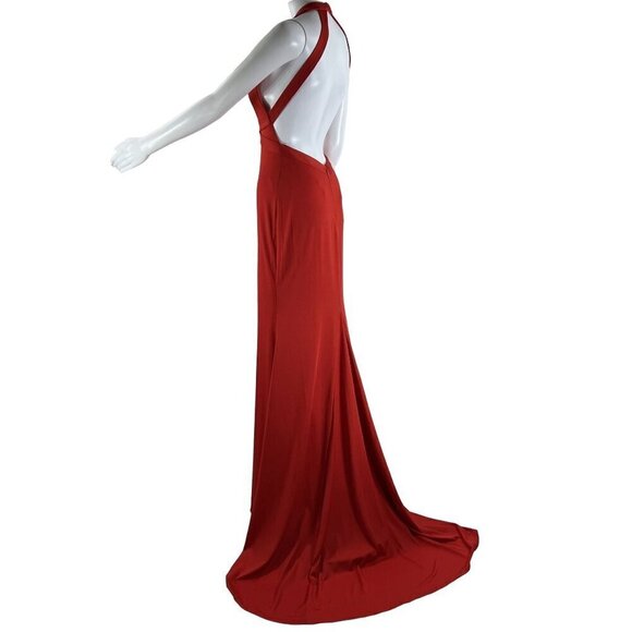 JJ"s House Red Size 4 Trumpet Mermaid V Neck Sweep Train Jersey Dress Siren - Picture 5 of 15